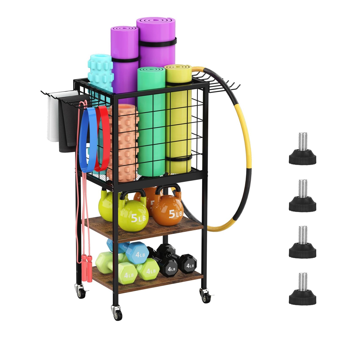 3-Tier Wooden Home Gym Storage Rack – Dumbbell Stand, Yoga Mat Holder & Equipment Organizer with Wheels