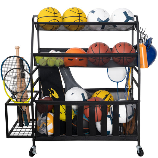 Storage Maniac 3-Tier Rolling Ball Storage Rack | Large Sports Equipment Organizer for Garage & Gym