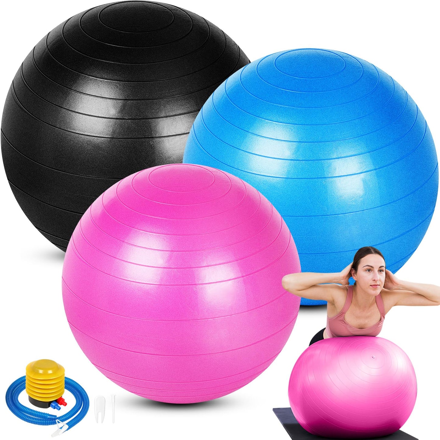 Yoga Ball Set of 3 – 55cm, 65cm & 75cm Exercise Balls for Fitness, Pregnancy, Physical Therapy & Balance | Quick Pump Included